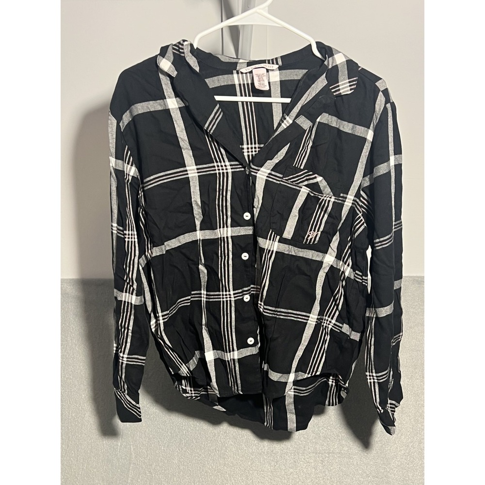 Victoria's Secret Women's‎ Plaid Flannel Sleep Shirt Top Black White Pink Size